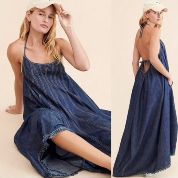 Free People Denim Dreams Midi Dress in 70s Blue Size XS Jean Jumper Retro - Picture 5 of 15